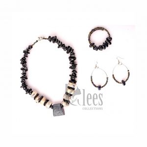 KUKII 3pc set (necklace+ Bracelet+earrings-made from recycled bones, stones (non-precious) and coconut shell ceramic beads)